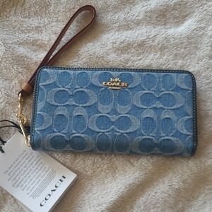 Coach Denim Blue Wristlet with Brown Strap
